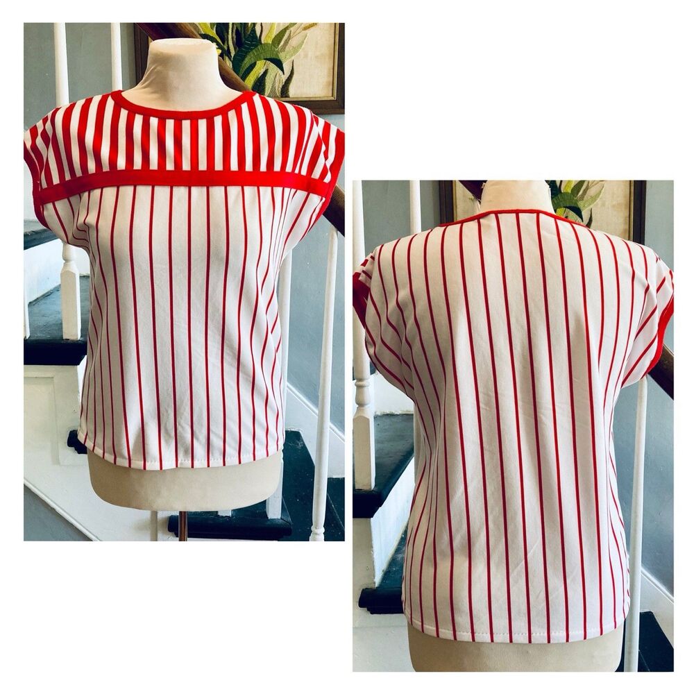 1980s Preppy Red And White Striped Stripes Knit Top Tee Batwing New Wave Punk